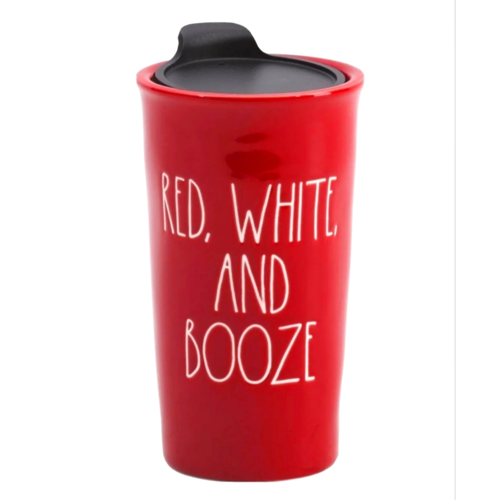 Rae Dunn Red White and Booze Travel Mug NIB American Ceramic Fun Gift Patriotic